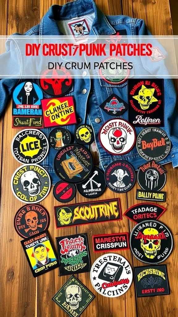 DIY Crust Punk Patches A variety of handmade crust punk patches with bold designs on a wooden table.